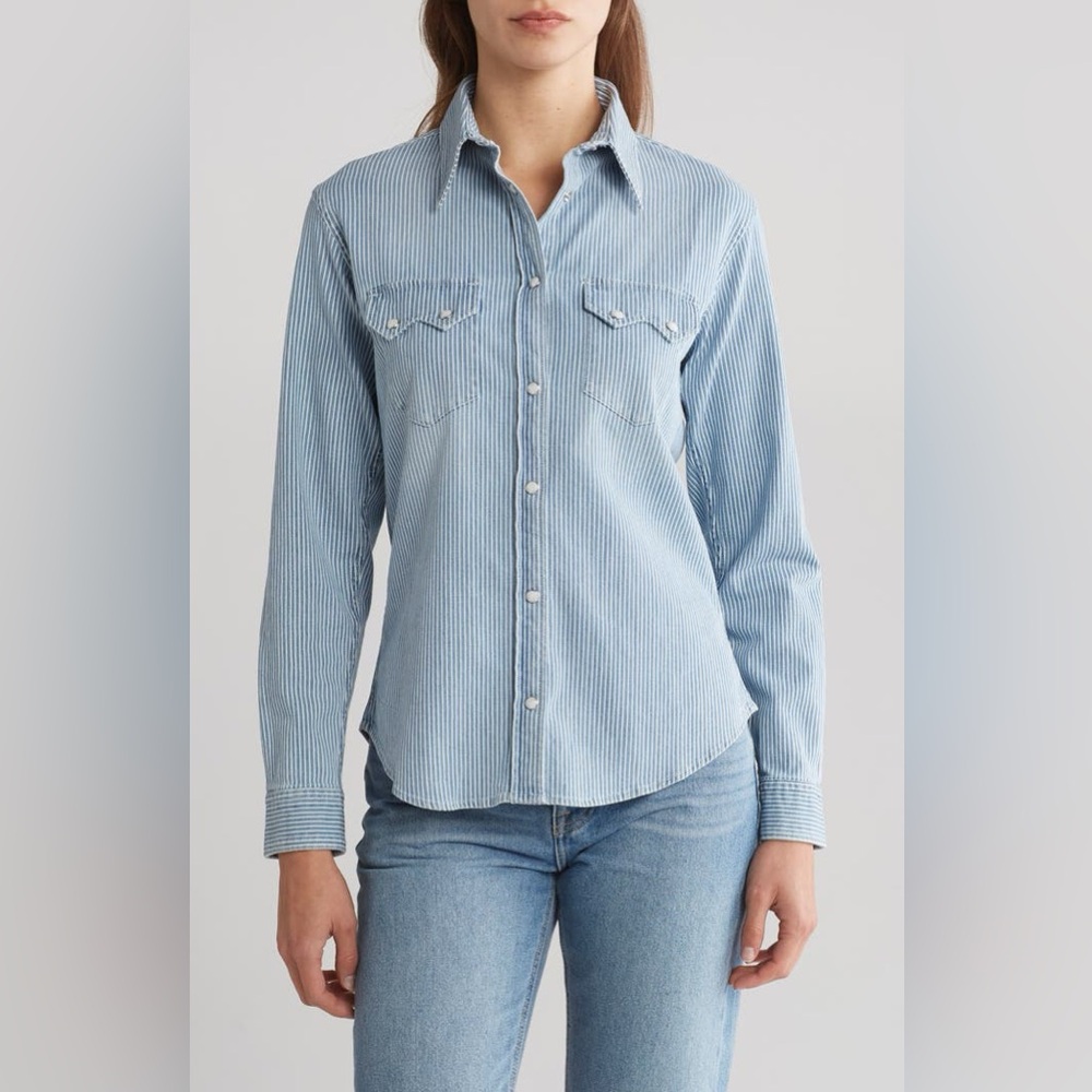 The Kooples Pearl Snap Pin Stripe Long Sleeve Stretch Cotton Button-Up Shirt